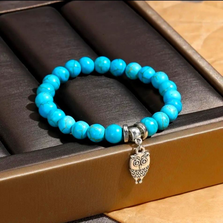 Turquoise Owl Charm And Beaded Stretch Bracelet